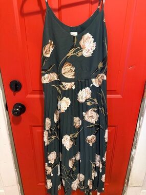 Zara Dark Green Floral Slip Dress with Blush Blooms